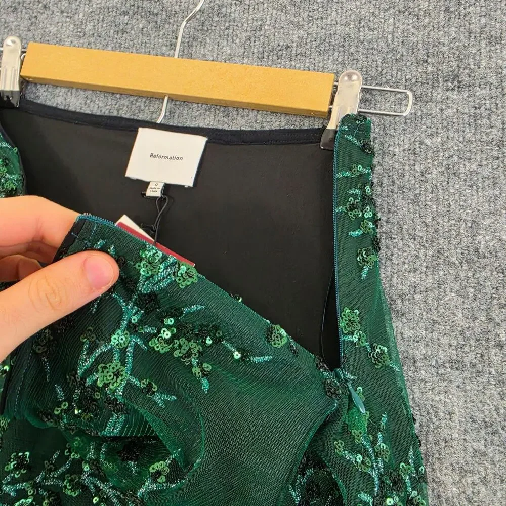 Reformation Skirt 0 Blanca in Forest Green Embellished Sequin Lace Midi Party